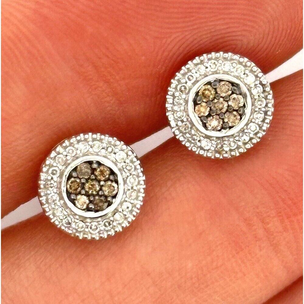 10k Solid White Gold White And Brown Diamond Studs Earring